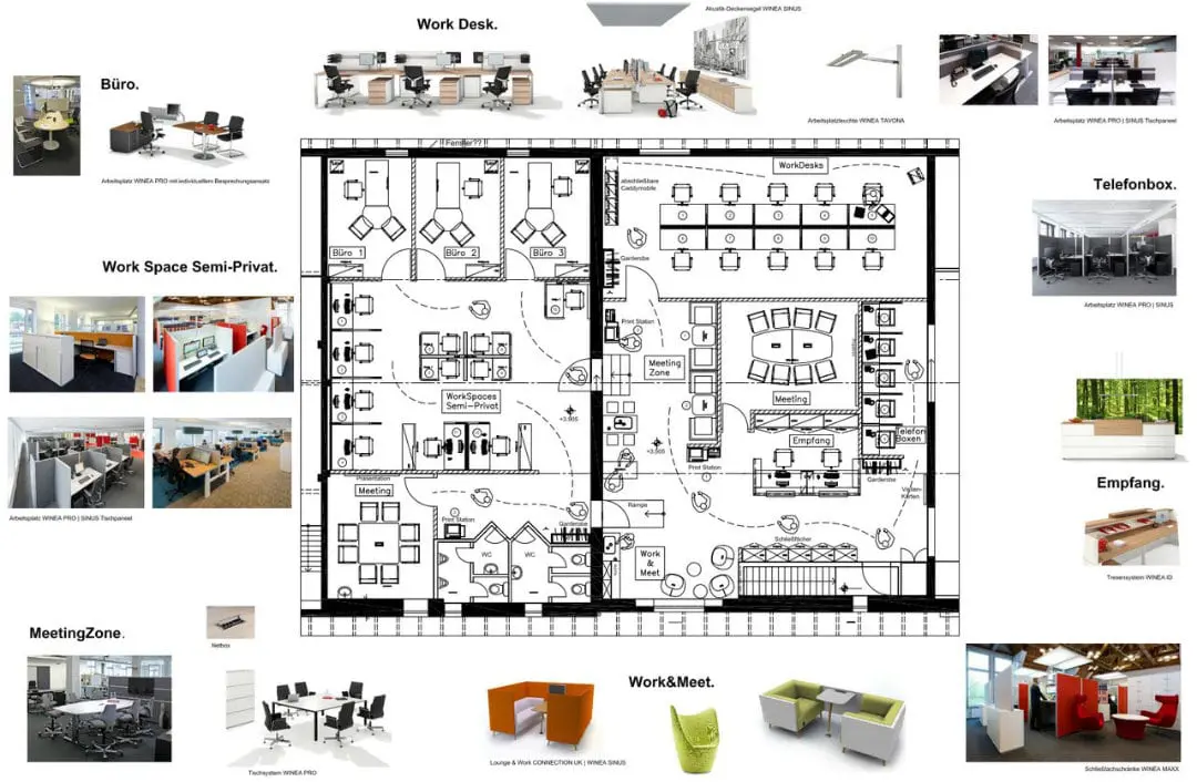 Möbelplanung in 2D mit verschiedenen Beispielen einzelner Räume und Produkte